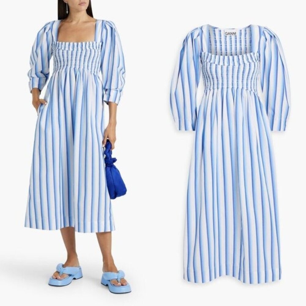 Coastal Blue Stripe Midi Dress Puff Sleeve Smocked Summer GANNI NWT - Picture 2 of 12